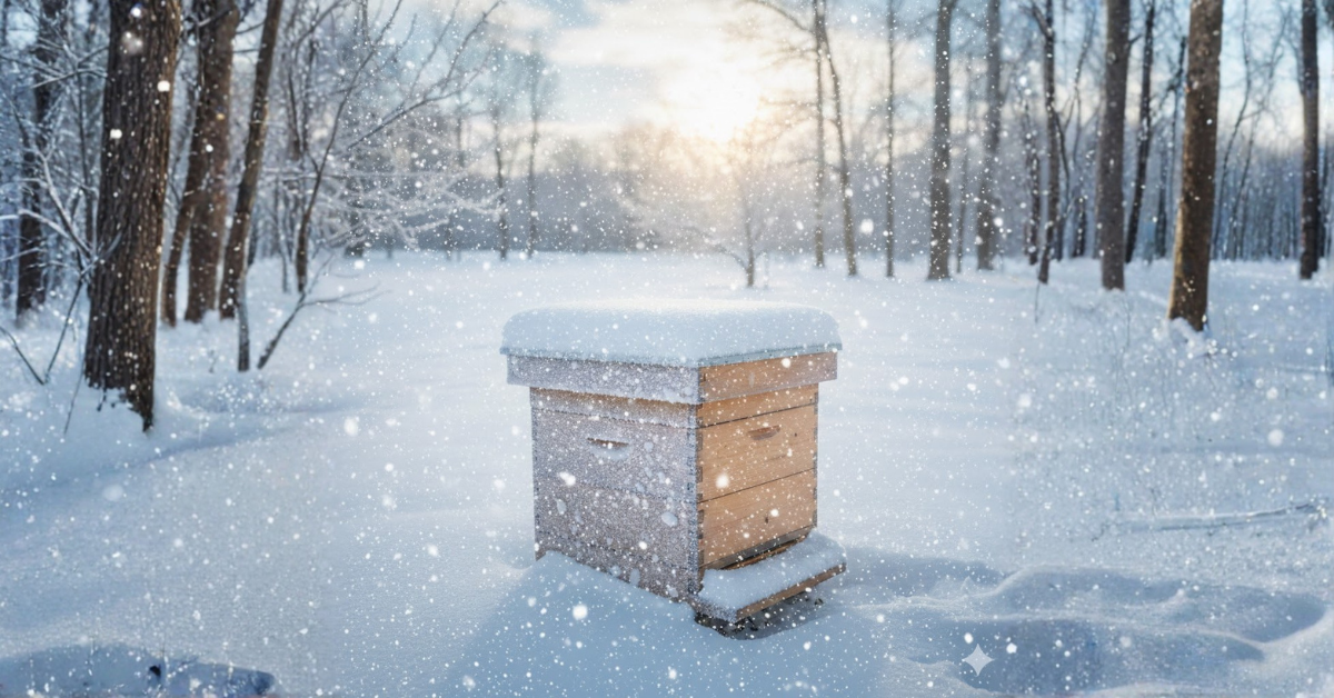 Snow covered beehives in winter with honey bees clustering for warmth inside