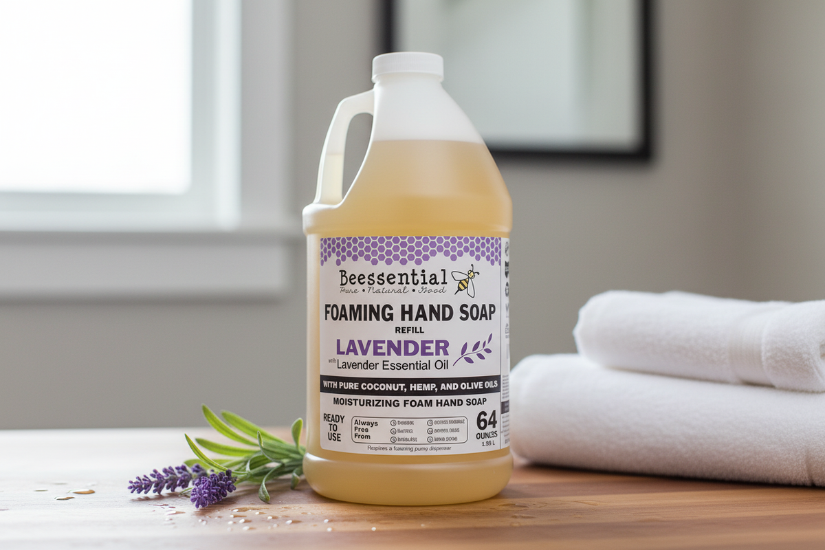 Lavender bulk foaming hand soap refill 64 oz - natural honey and beeswax formula by Beessential