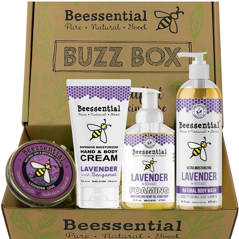 Beessential Lavender Bliss Gift Set: candle, foaming hand soap, body wash, and body cream.