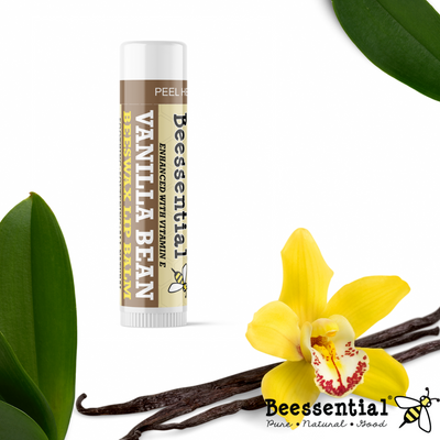 Beessential Handmade Natural Vanilla Lip Balm is moisturizing with honey, beeswax and propolis