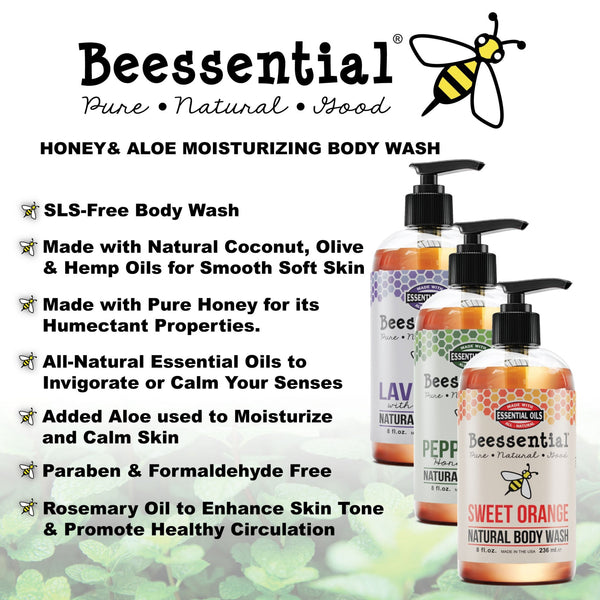 16 oz Beessential Tea Tree Oil Body Wash. Soothing and hydrating embrace of honey and aloe for dry skin.