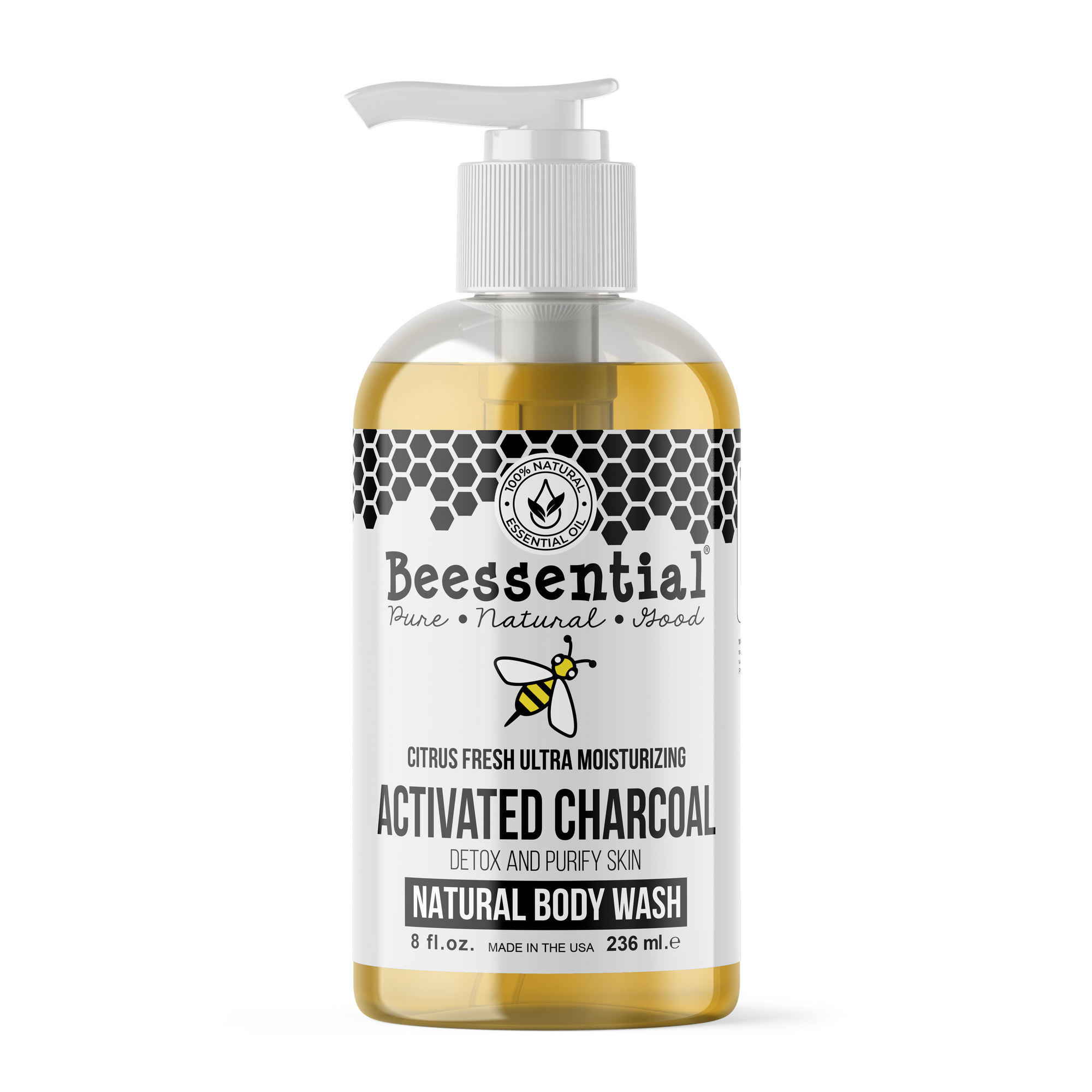  Beessential Activated Charcoal Body Wash. 
essential oil fragrance
Coconut, Olive, and Hemp Oil. 
