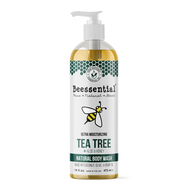 Beessential Tea Tree Body Wash. 8 oz bottle featuring potent cleansing power of tea tree oil.