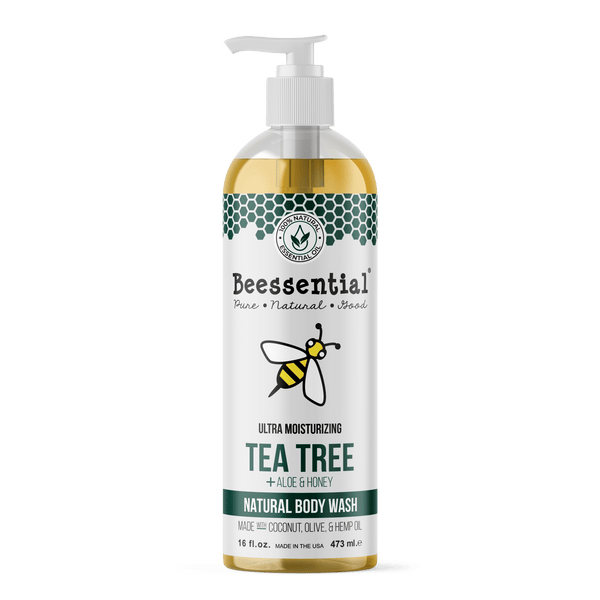 Beessential Tea Tree Body Wash. 8 oz bottle featuring potent cleansing power of tea tree oil.