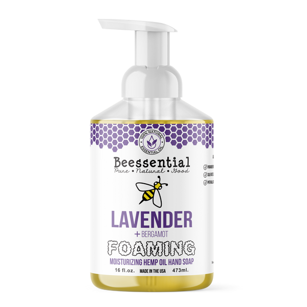 Beessential Foaming Hand Soap with honey, coconut oil, and aloe, providing a rich, moisturizing lather.