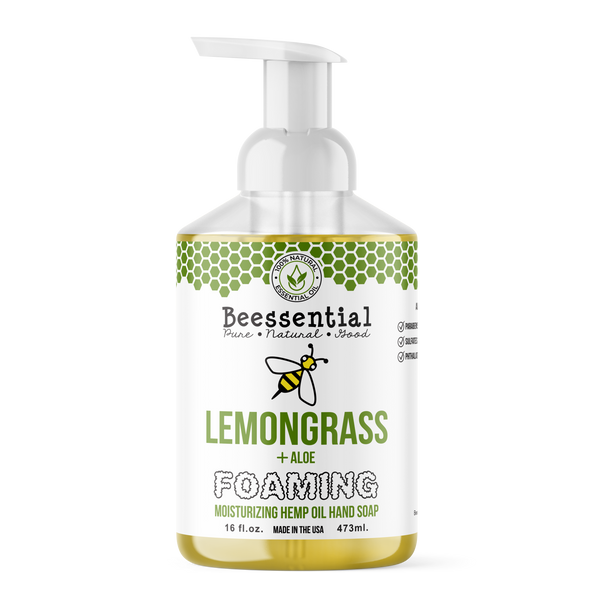 Beessential Lemongrass Foaming Hand Soap featuring its natural moisturizing formula.