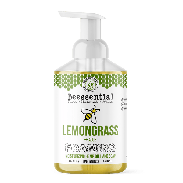 Beessential Lemongrass Foaming Hand Soap featuring its natural moisturizing formula.