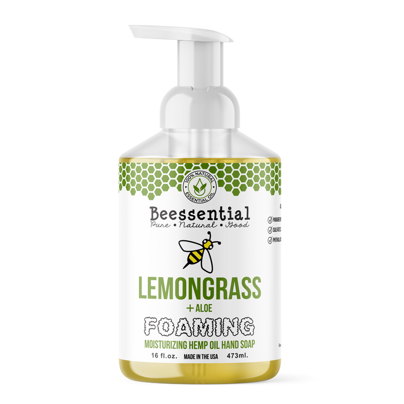 Beessential Lemongrass Foaming Hand Soap featuring its natural moisturizing formula.