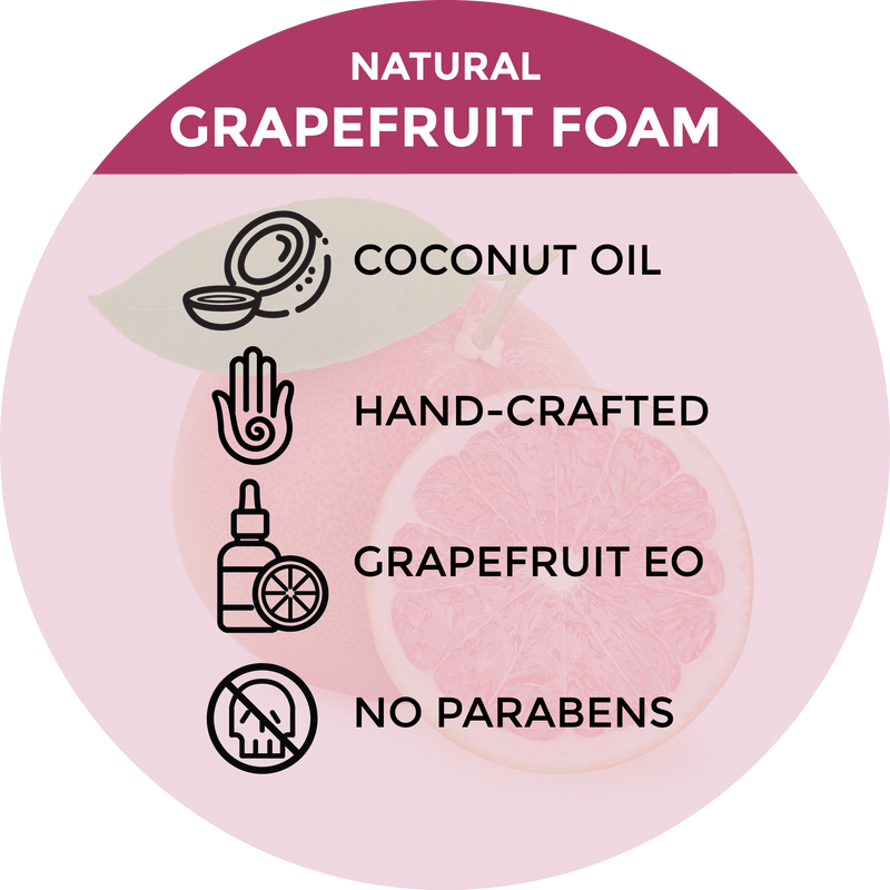 Grapefruit and lemongrass foaming soap with fresh honey, hemp seed oil, and natural essential oils offer healing and moisturizing benefits for soft, nourished skin.
