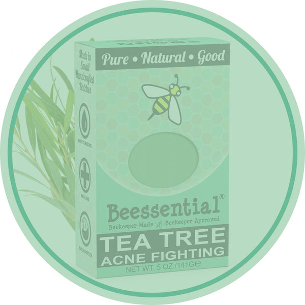 Beessential Tea Tree Oil Bar Soap – natural handcrafted soap bar with Tea Tree, Coconut, and Olive Oils, shown in eco-friendly packaging.