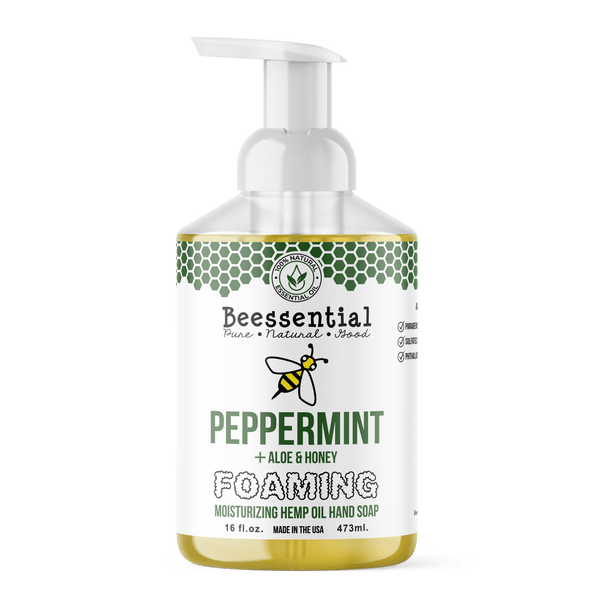 Beessential Peppermint Foaming Hand Soap with natural honey and a refreshing peppermint scent.
