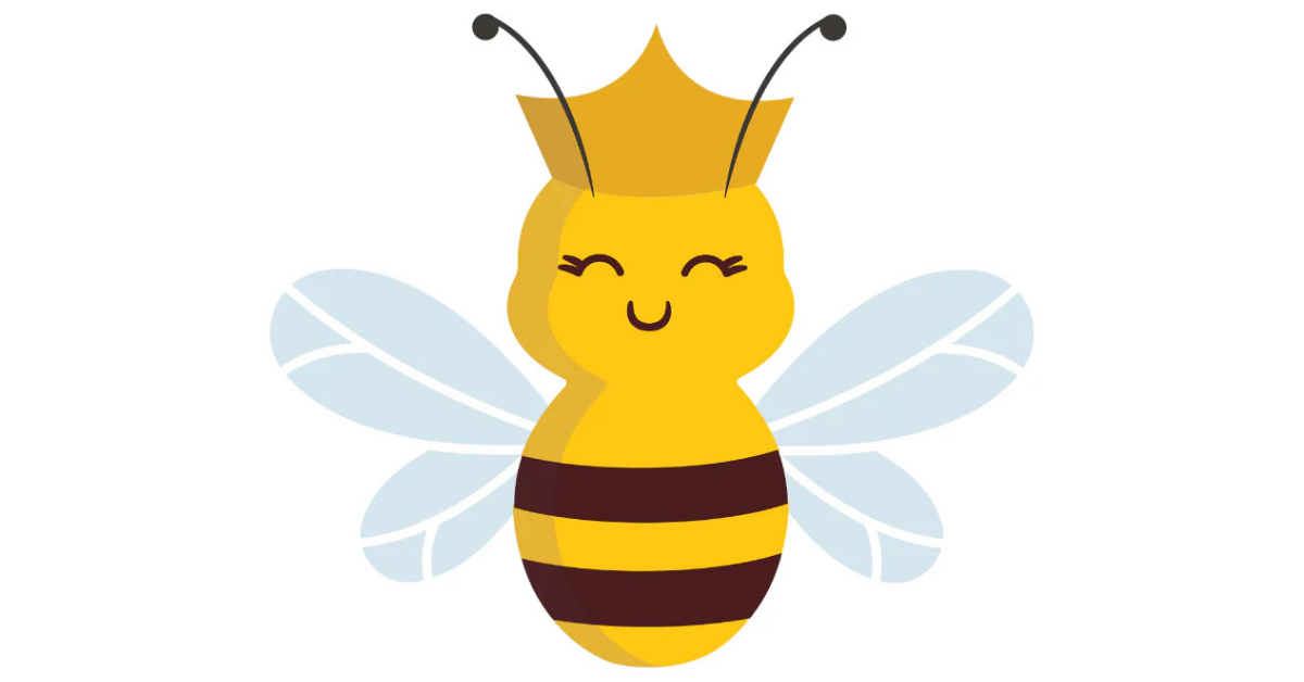 Queen Bee, adorned with a tiny, gleaming crown and a gentle smile. She stands out as the largest bee in the colony.