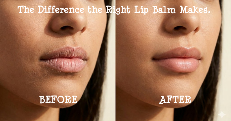 Images showing lips before using Beessential LIp Balm and after using Beessential Lip Balm