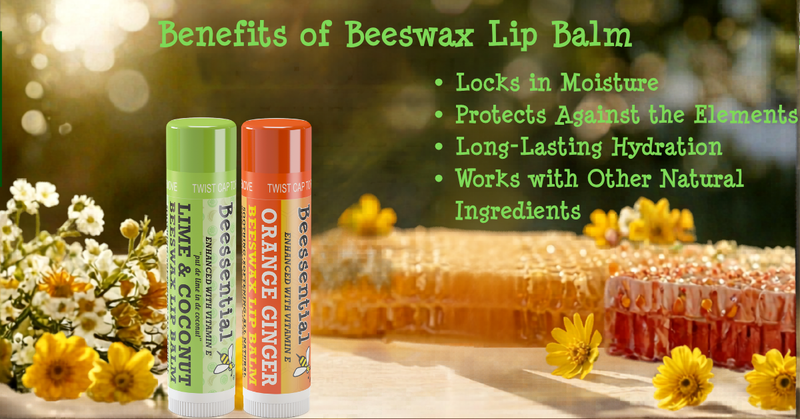 Orange Ginger and Coconut Lime Lip Balm with wild flowers and honey comb.