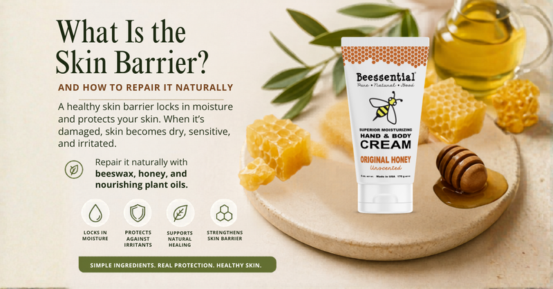Tube of Beessential cream surrounded with beeswax and honey