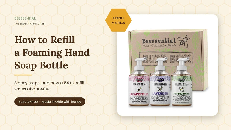 Peppermint Refresh Buzz Box gift set with peppermint body wash, foaming hand soap, honey hand cream, lip balm and sea sponge