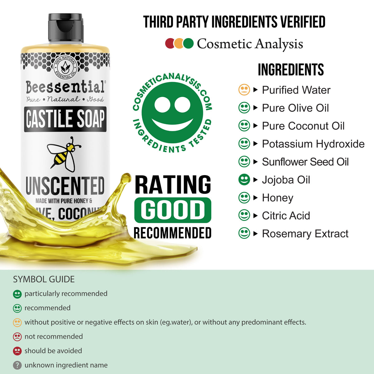 Beessential Unscented Castile Soap – A mild, hydrating formula made with olive and coconut oils for sensitive skin