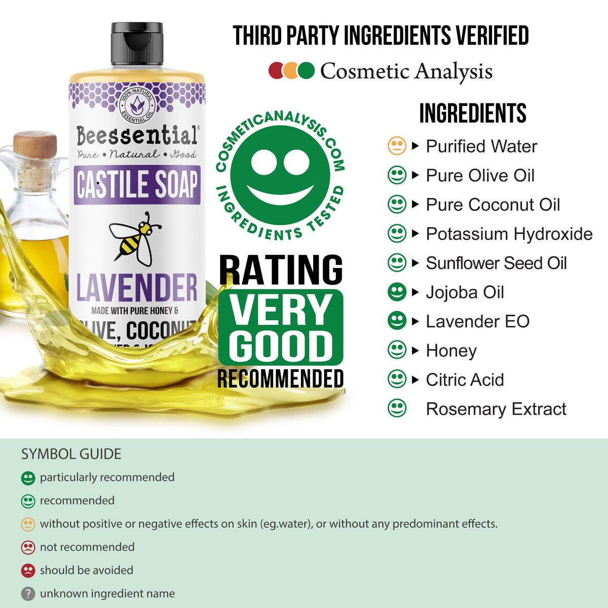 Beessential Lavender Castile Soap: a calming, plant-based cleanser with soothing lavender oil.