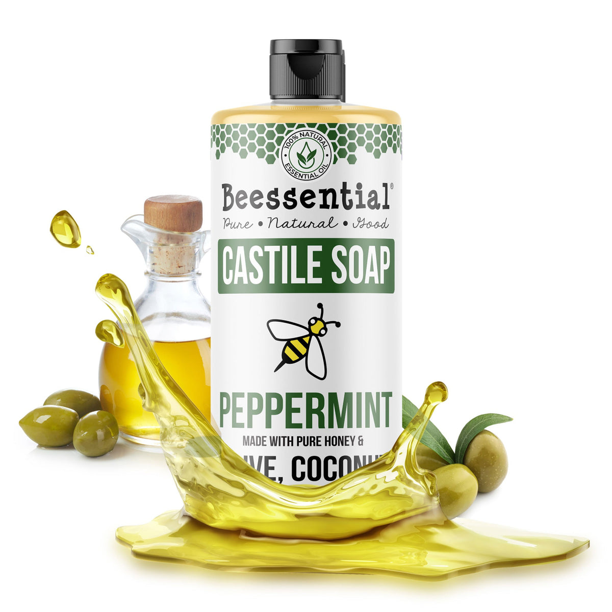 Beessential Peppermint Castile Soap – A revitalizing, all-natural formula with coconut and olive oils for a deep, cooling clean