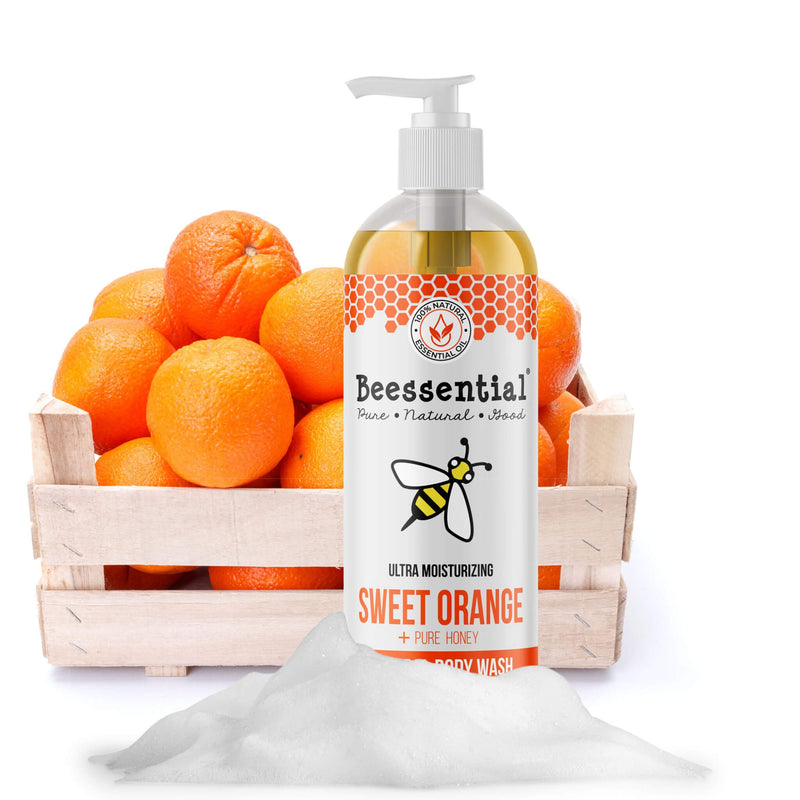 Lather of Beessential Sweet Orange Body Wash - Rich, sulfate-free foam that cleanses without drying.