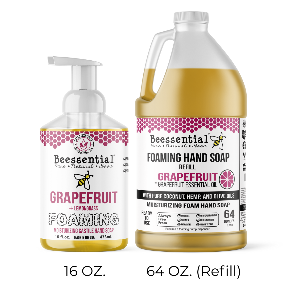 Grapefruit and Lemongrass Foaming Soap with fresh honey and hemp seed oil for soft, nourished skin.