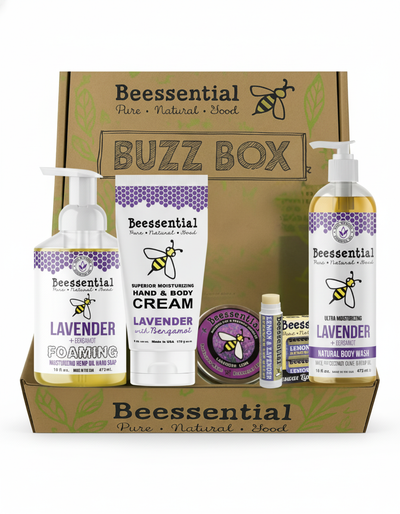 Beessential Buzz Box with various products including hand cream, foaming hand wash, and body wash.