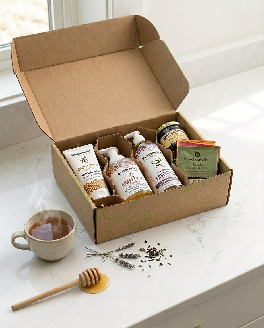 Open box of Beessential Luxury self-care gift set with honey-infused skincare products, Queen Bee Gift Set by Beessential for pampering and hydration