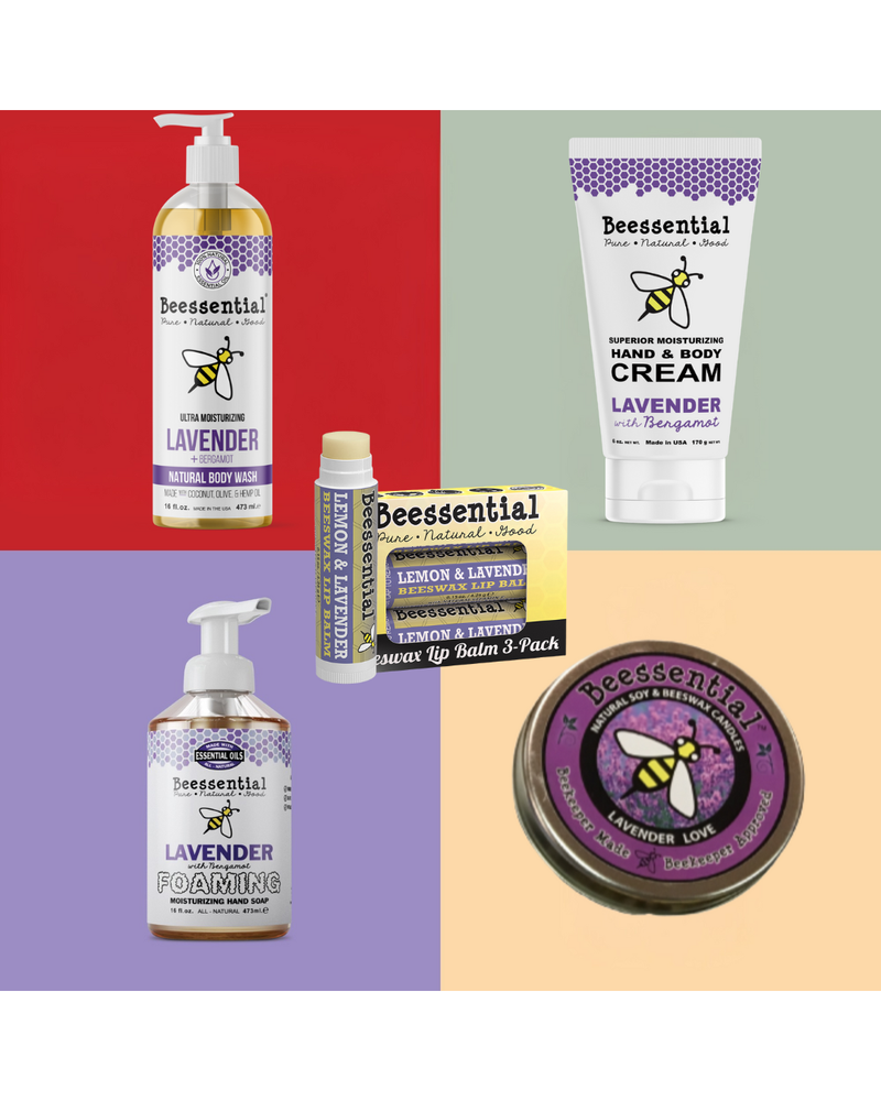 Beessential natural products including body wash, lotion, and cream with a branded box on a white background.