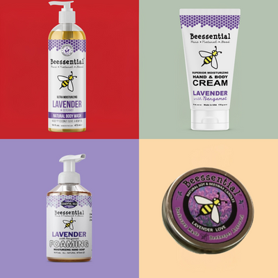 Family-made Lavender Bliss gift set in small batches, including candle, soap, body wash, and cream.