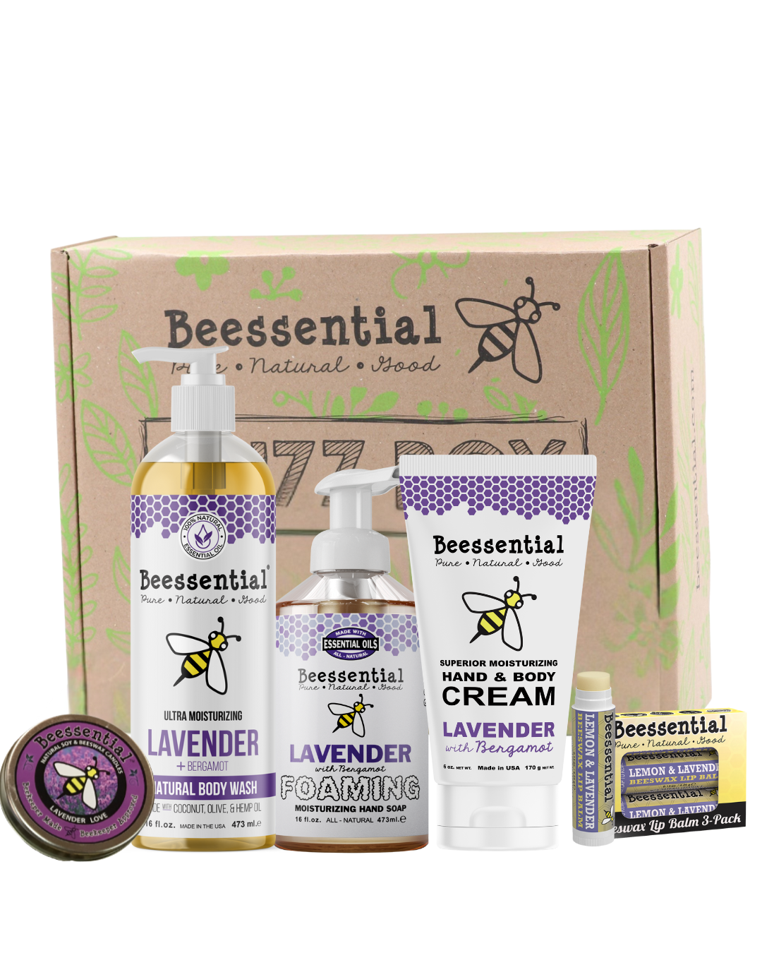 Beessential natural products including body wash, lotion, and cream with a branded box on a white background.