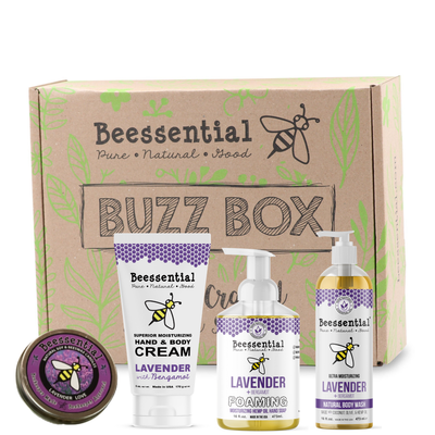 Beessential Lavender Bliss Gift Set: candle, foaming hand soap, body wash, and body cream.