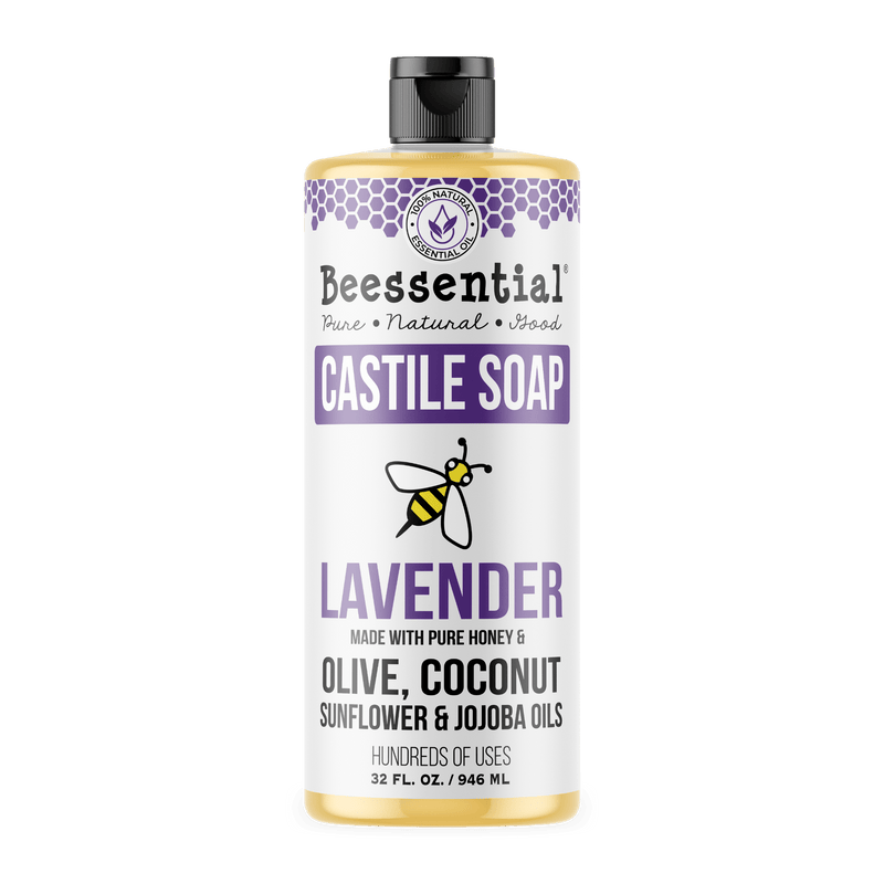 Beessential Lavender Castile Soap is a plant-based liquid soap made with lavender essential oil and nourishing oils for a gentle, multi-use