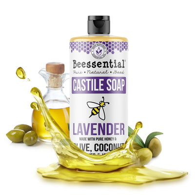 Beessential Lavender Castile Soap is a plant-based liquid soap made with lavender essential oil and nourishing oils for a gentle, multi-use