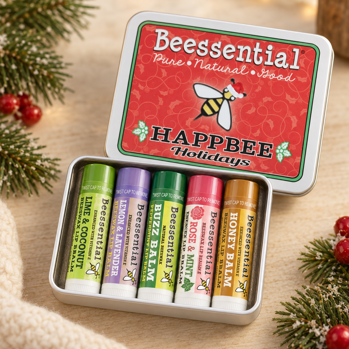 HappBee Holidays Lip Balm Tin – Customizable 5-Pack Natural Gift Set - Beessential