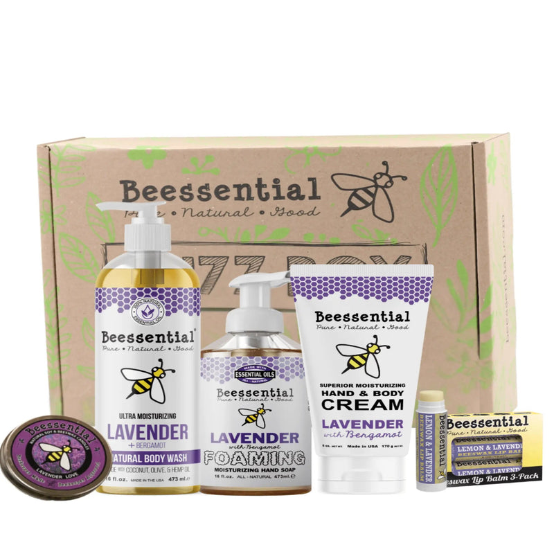 Beessential Lavender Bliss Gift Set with lavender body care products handcrafted with natural ingredients.