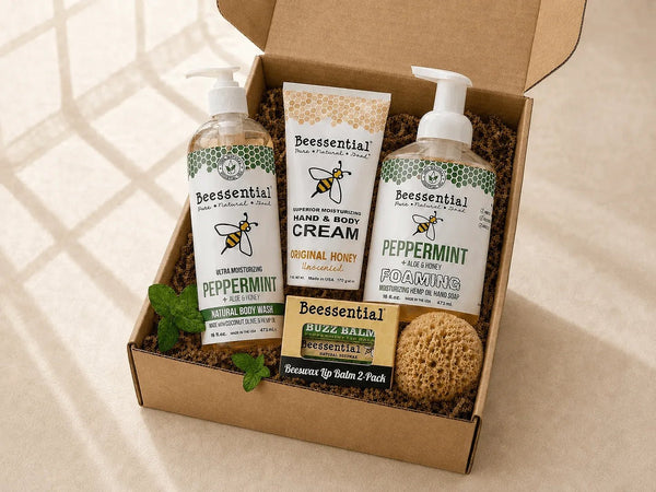 The Beessential Peppermint Refresh Buzz Box is a refreshing holiday bath and body gift set with full-size peppermint favorites, Original