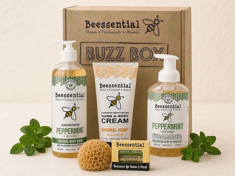 The Beessential Peppermint Refresh Buzz Box is a refreshing holiday bath and body gift set with full-size peppermint favorites, Original