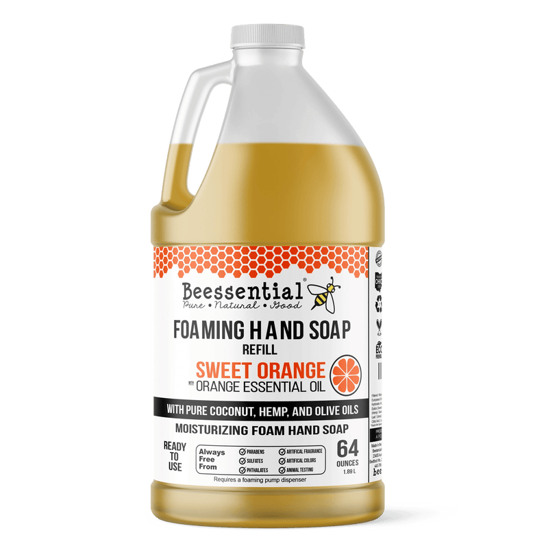 Sweet Orange Foaming Soap is a natural foaming hand soap made with pure sweet orange essential oil, honey, aloe, and nourishing plant-based