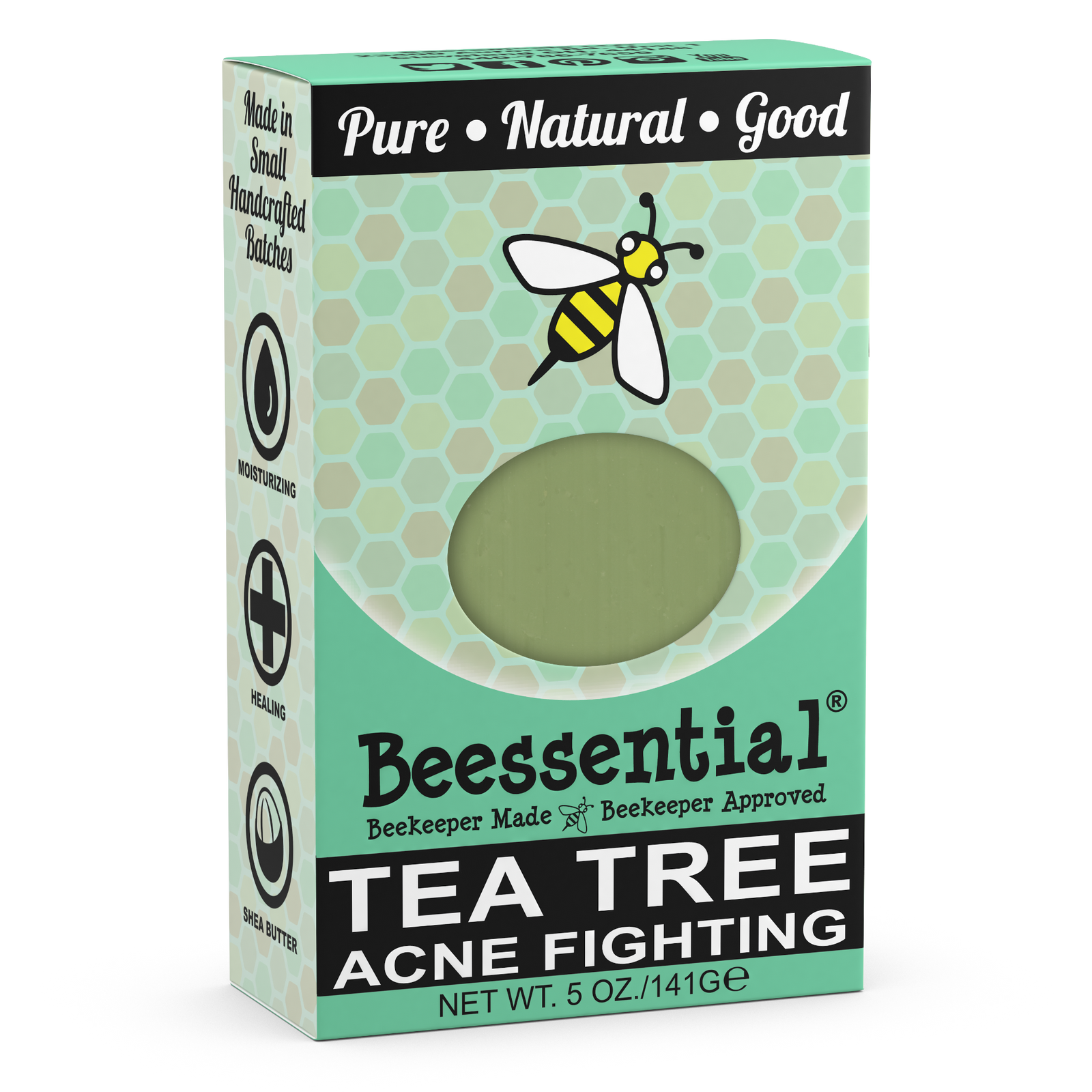 Beessential Tea Tree Oil Bar Soap – natural handcrafted soap bar with Tea Tree, Coconut, and Olive Oils, shown in eco-friendly packaging.
