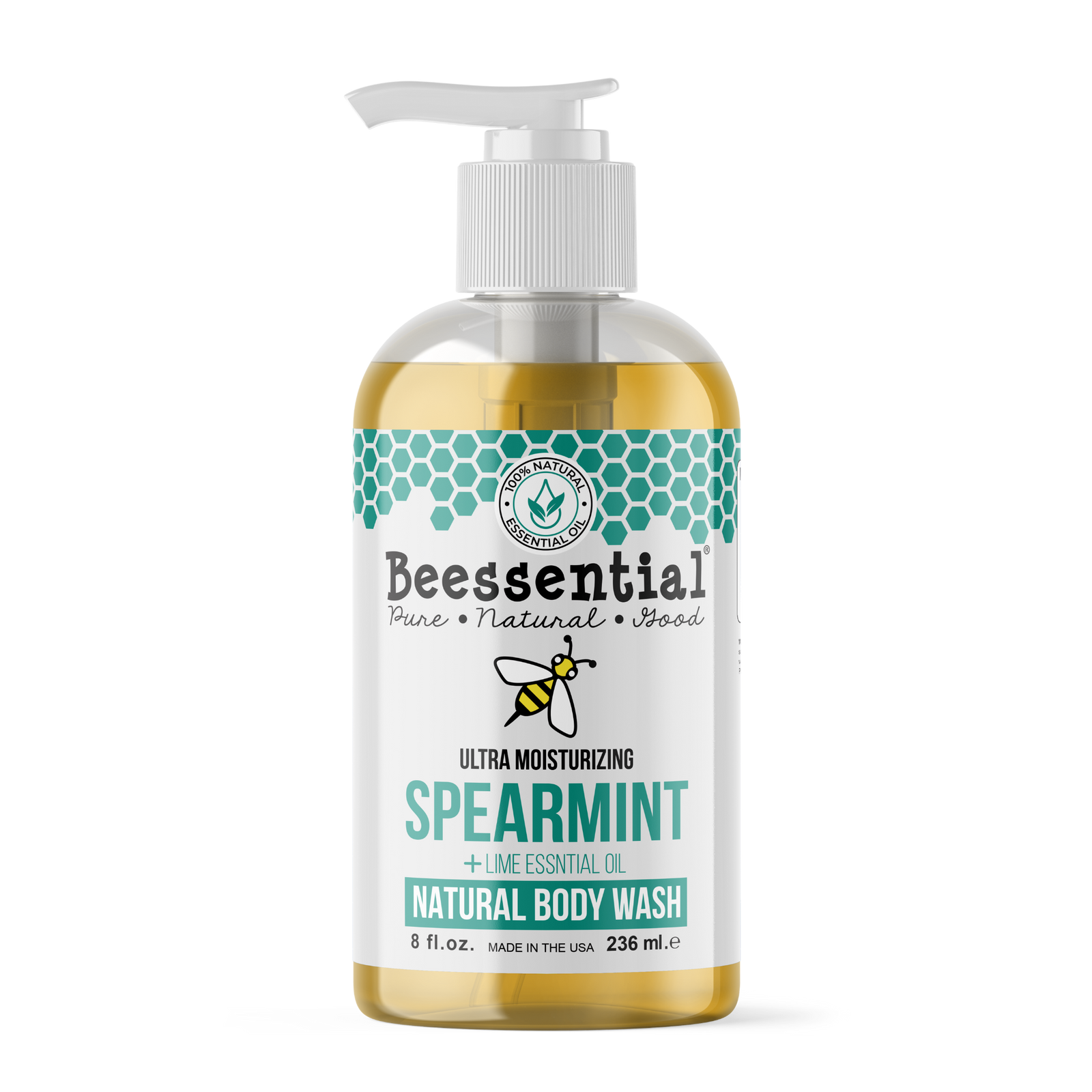 8 oz bottle of Spearmint Lime Body Wash with natural ingredients.

