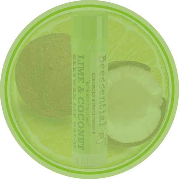 Beessential Coconut Lime Lip Balm features natural ingredients like cupuacu butter, Vitamin E, propolis extract, and beeswax for smooth, hydrated, and plump lips.