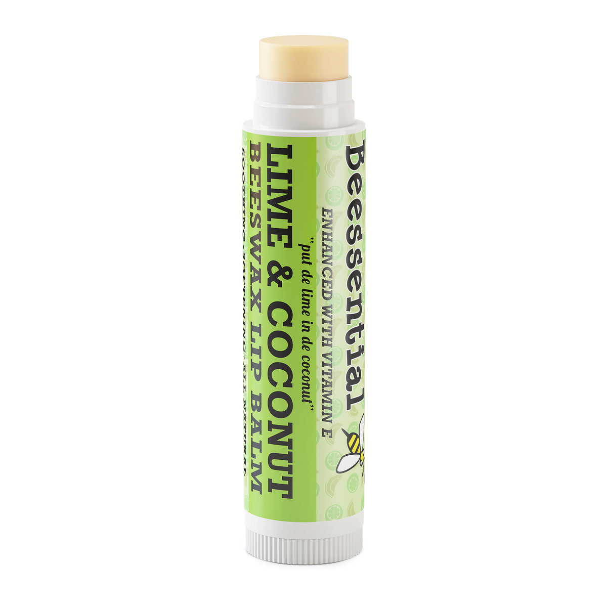 Coconut Lime Lip Balm from Beessential, made with cupuacu butter, Vitamin E, propolis extract, and beeswax for soft, hydrated, and plump lips.