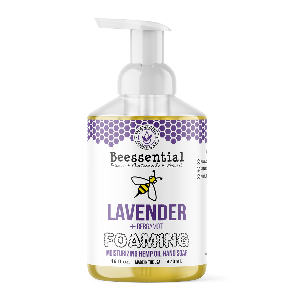 Beessential Foaming Hand Soap in a recyclable bottle, made with sustainably sourced natural ingredients.