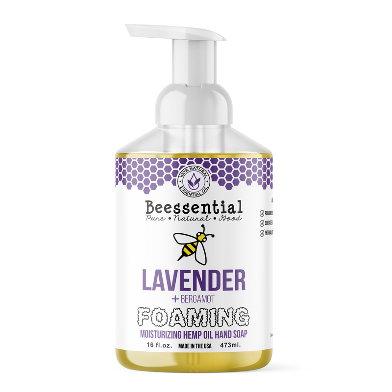 Beessential Foaming Hand Soap with honey, coconut oil, and aloe, providing a rich, moisturizing lather.