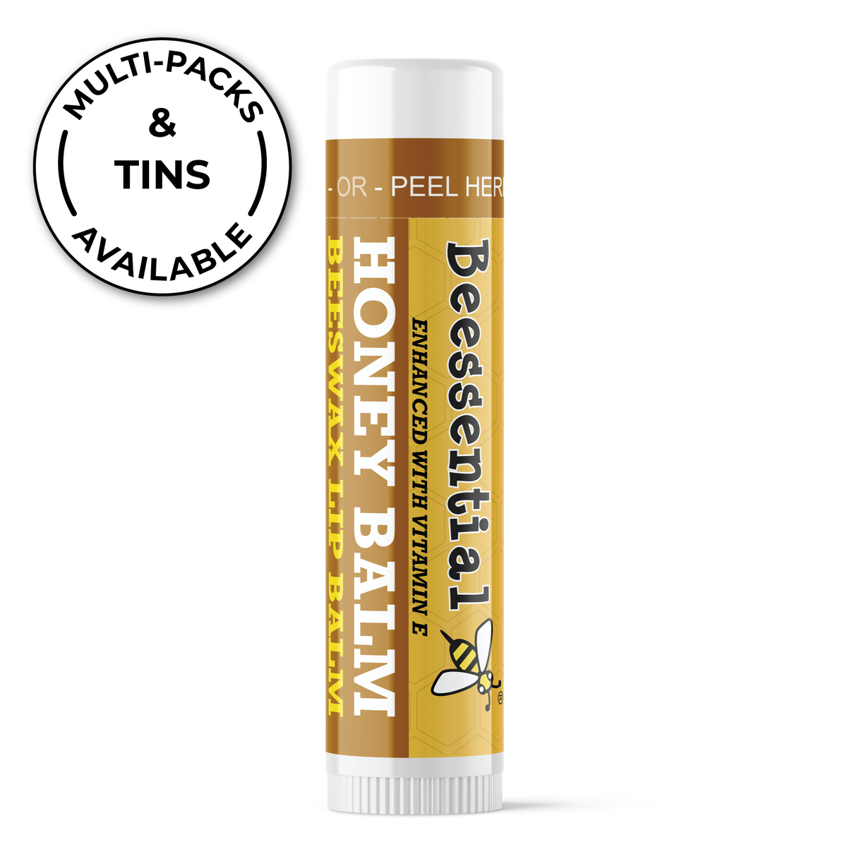 Beessential Natural Beeswax Honey Lip Balm with propolis and natural honey flavor. Free from artificial additives.