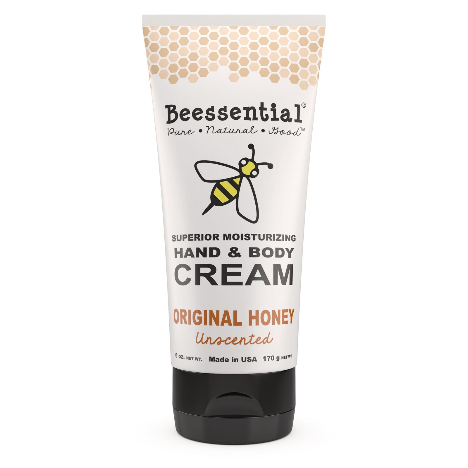 Beessential Unscented Honey Hand Cream is in a tube made with natural ingredients for deep hydration and soothing care.