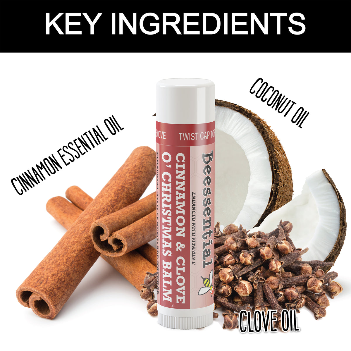 Beessential O'Christmas Balm - Cinnamon and Clove Lip Balm tube closeup