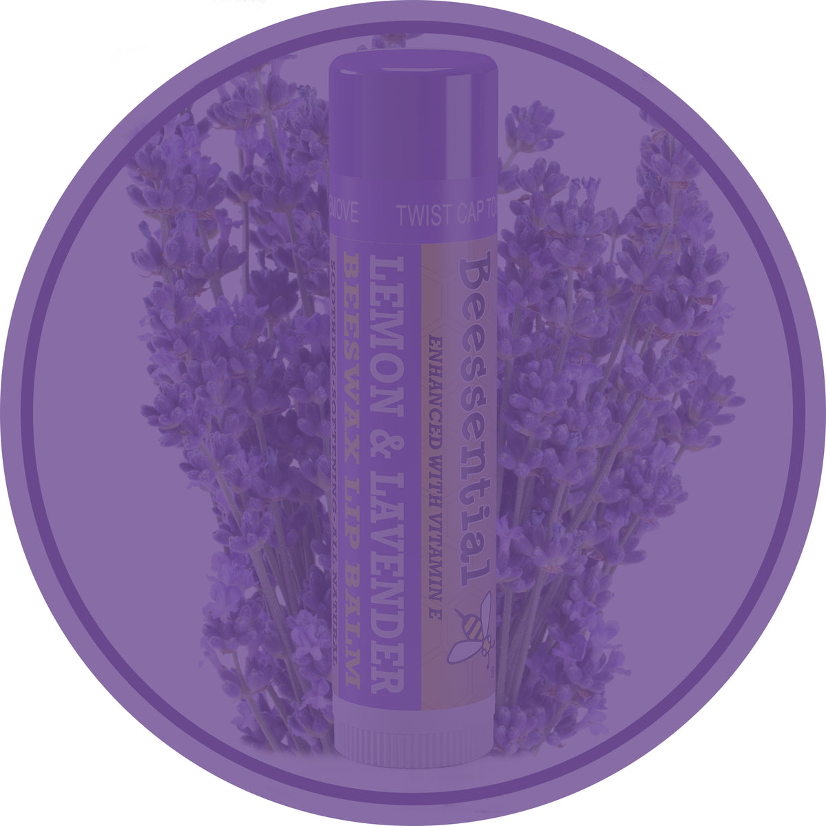 Beessential Lemon Lavender Lip Balm tube. Refreshing zing of lemon balanced by floral lavender notes.