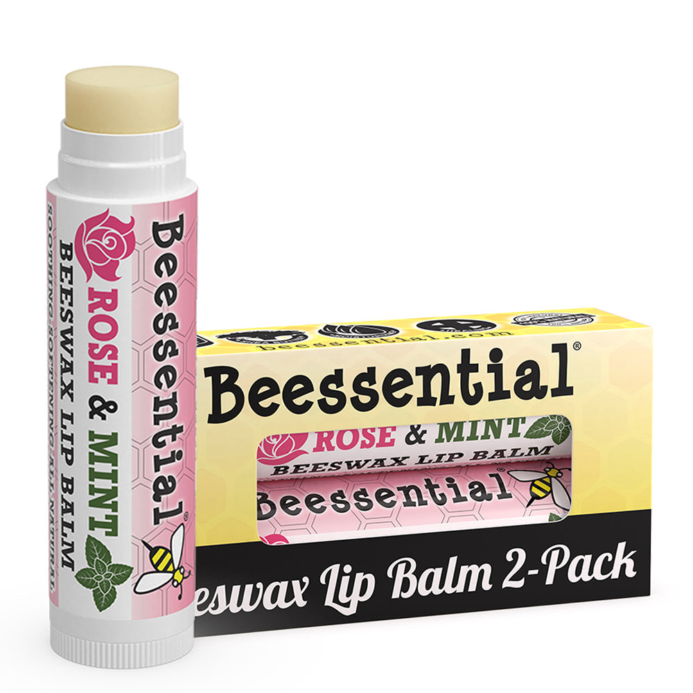 2-pack of Beessential Rose Mint Lip Balm. Soft, refreshing care for superior lip hydration.