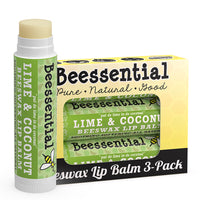 Beessential Coconut Lime Lip Balm 3-pack for tropical, natural lip protection.